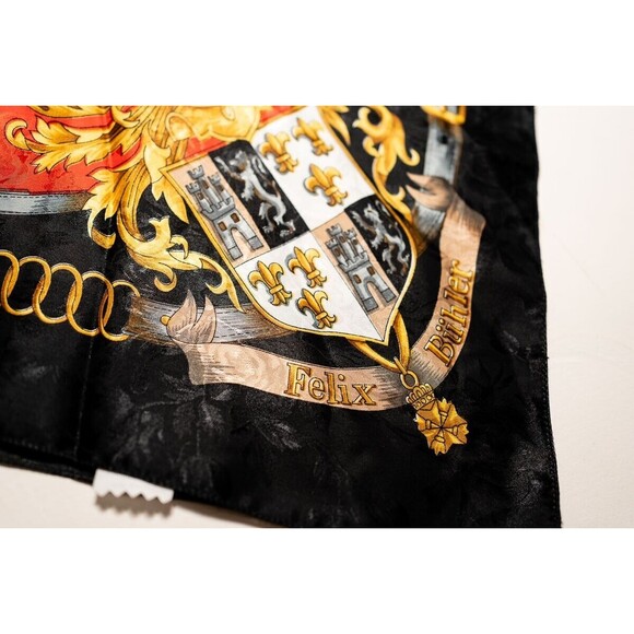 Felix Buhler Vintage Scarf 100% Silk black red gold crest castlecore 34" x 34" - Picture 2 of 5